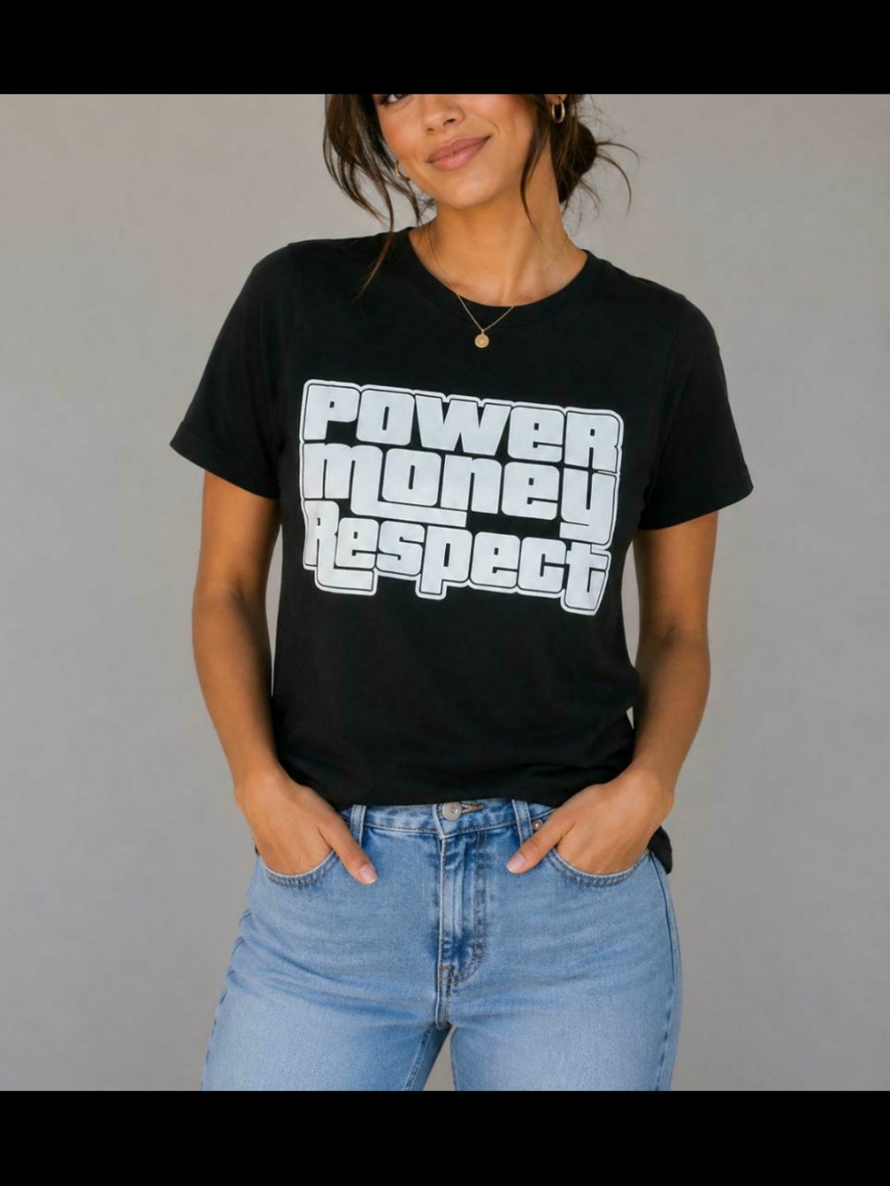 Women's Black Graphic Tee - 'Power Money Respect' Crewneck